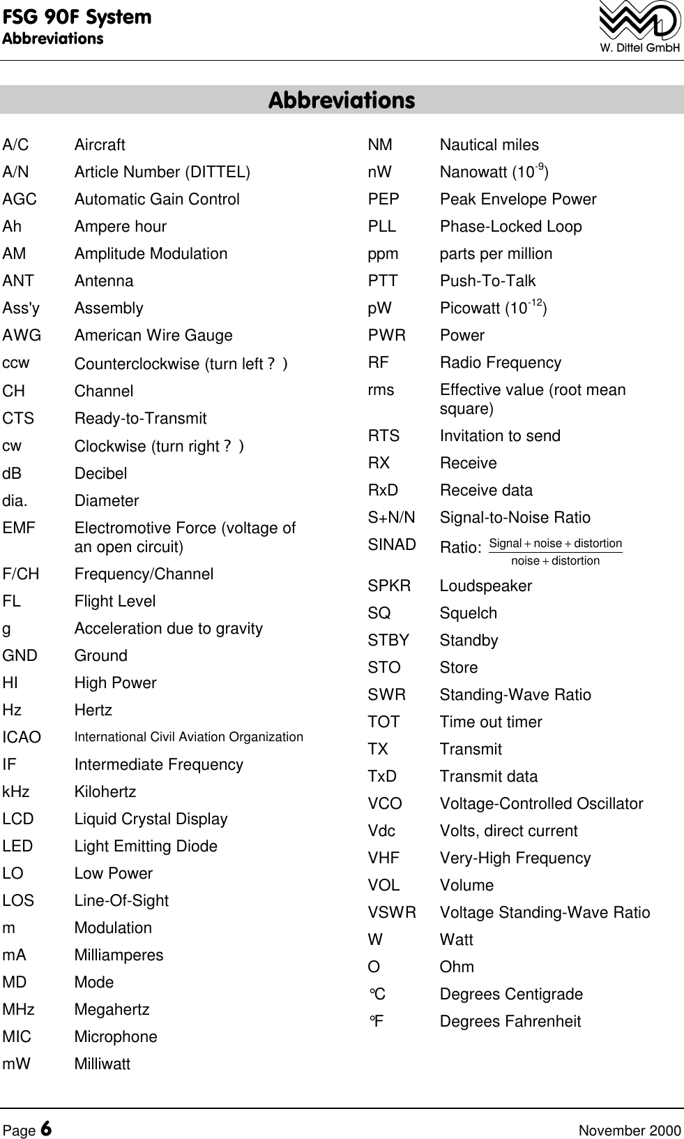 FSG 90F SystemAbbreviationsPage 6November 2000W. Dittel GmbHAbbreviationsA/C AircraftA/N Article Number (DITTEL)AGC Automatic Gain ControlAh Ampere hourAM Amplitude ModulationANT AntennaAss'y AssemblyAWG American Wire Gaugeccw Counterclockwise (turn left ?)CH ChannelCTS Ready-to-Transmitcw Clockwise (turn right ?)dB Decibeldia. DiameterEMF Electromotive Force (voltage ofan open circuit)F/CH Frequency/ChannelFL Flight LevelgAcceleration due to gravityGND GroundHI High PowerHz HertzICAO International Civil Aviation OrganizationIF Intermediate FrequencykHz KilohertzLCD Liquid Crystal DisplayLED Light Emitting DiodeLO Low PowerLOS Line-Of-SightmModulationmA MilliamperesMD ModeMHz MegahertzMIC MicrophonemW MilliwattNM Nautical milesnW Nanowatt (10-9)PEP Peak Envelope PowerPLL Phase-Locked Loopppm parts per millionPTT Push-To-TalkpW Picowatt (10-12)PWR PowerRF Radio Frequencyrms Effective value (root meansquare)RTS Invitation to sendRX ReceiveRxD Receive dataS+N/N Signal-to-Noise RatioSINAD Ratio: Signal noise distortionnoise distortion+ ++SPKR LoudspeakerSQ SquelchSTBY StandbySTO StoreSWR Standing-Wave RatioTOT Time out timerTX TransmitTxD Transmit dataVCO Voltage-Controlled OscillatorVdc Volts, direct currentVHF Very-High FrequencyVOL VolumeVSWR Voltage Standing-Wave RatioWWattOOhm°C Degrees Centigrade°F Degrees Fahrenheit