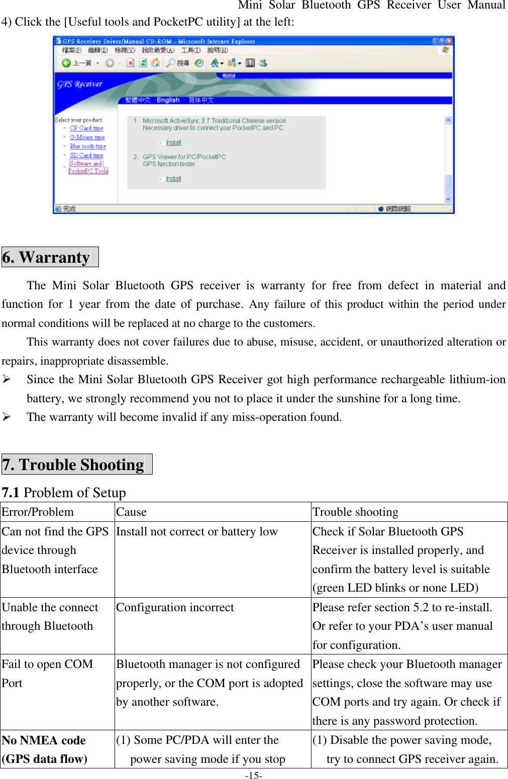 Mini Solar Bluetooth GPS Receiver User Manual -15- 4) Click the [Useful tools and PocketPC utility] at the left:   6. Warranty   The Mini Solar Bluetooth GPS receiver is warranty for free from defect in material and function for 1 year from the date of purchase. Any failure of this product within the period under normal conditions will be replaced at no charge to the customers. This warranty does not cover failures due to abuse, misuse, accident, or unauthorized alteration or repairs, inappropriate disassemble. Ø Since the Mini Solar Bluetooth GPS Receiver got high performance rechargeable lithium-ion battery, we strongly recommend you not to place it under the sunshine for a long time. Ø The warranty will become invalid if any miss-operation found.  7. Trouble Shooting   7.1 Problem of Setup   Error/Problem Cause Trouble shooting Can not find the GPS device through Bluetooth interface   Install not correct or battery low Check if Solar Bluetooth GPS Receiver is installed properly, and confirm the battery level is suitable (green LED blinks or none LED) Unable the connect through Bluetooth Configuration incorrect Please refer section 5.2 to re-install. Or refer to your PDA’s user manual for configuration. Fail to open COM Port Bluetooth manager is not configured properly, or the COM port is adopted by another software. Please check your Bluetooth manager settings, close the software may use COM ports and try again. Or check if there is any password protection. No NMEA code (GPS data flow) (1) Some PC/PDA will enter the power saving mode if you stop (1) Disable the power saving mode, try to connect GPS receiver again. 