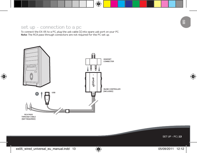 RCA PASS THROUGH CABLE (NOT REQUIRED)USBINLINE CONTROLLER (INCLUDED)set up - connection to a pcTo connect the EX-05 to a PC, plug the usb cable (1) into spare usb port on your PC. Note: The RCA pass through connectors are not required for the PC set up. HEADSET CONNECTORSET UP - PC | 1301GBex05_wired_universal_eu_manual.indd   13 05/09/2011   12:12