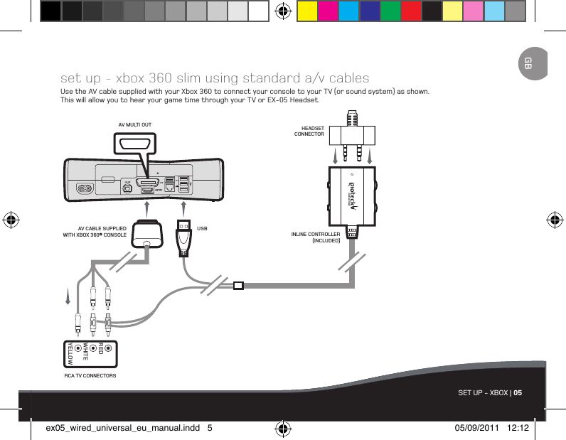 SET UP - XBOX | 05set up - xbox 360 slim using standard a/v cablesUse the AV cable supplied with your Xbox 360 to connect your console to your TV (or sound system) as shown.  This will allow you to hear your game time through your TV or EX-05 Headset.RCA TV CONNECTORSAV MULTI OUTINLINE CONTROLLER (INCLUDED)HEADSET CONNECTORUSBAV CABLE SUPPLIED WITH XBOX 360® CONSOLEWHITEYELLOWREDGBex05_wired_universal_eu_manual.indd   5 05/09/2011   12:12