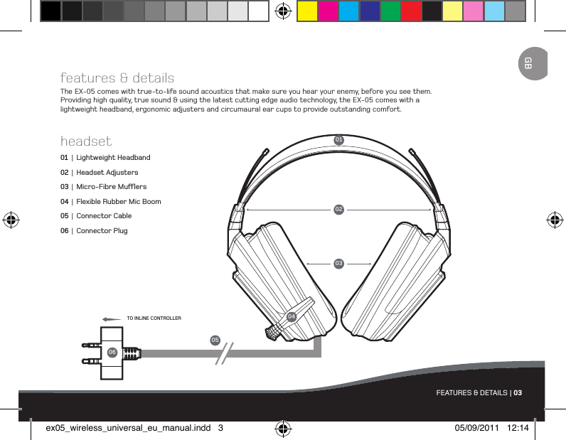 features &amp; detailsThe EX-05 comes with true-to-life sound acoustics that make sure you hear your enemy, before you see them. Providing high quality, true sound &amp; using the latest cutting edge audio technology, the EX-05 comes with a lightweight headband, ergonomic adjusters and circumaural ear cups to provide outstanding comfort.headset01 |  Lightweight Headband02 |  Headset Adjusters03 |  Micro-Fibre Muers04 |  Flexible Rubber Mic Boom05 |  Connector Cable06 |  Connector PlugFEATURES &amp; DETAILS | 03010206050304TO INLINE CONTROLLERGBex05_wireless_universal_eu_manual.indd   3 05/09/2011   12:14