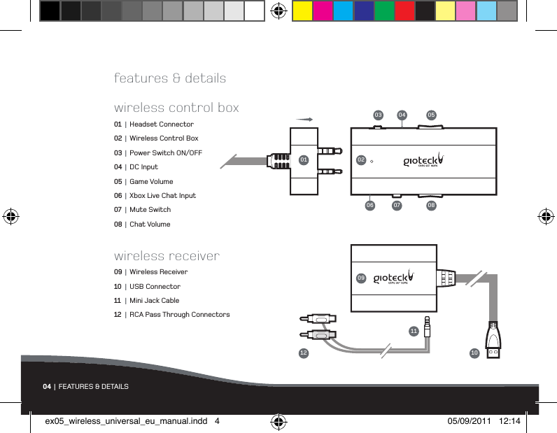 04 | FEATURES &amp; DETAILSwireless control box01 |  Headset Connector02 |  Wireless Control Box03 |  Power Switch ON/OFF04 |  DC Input05 |  Game Volume06 |  Xbox Live Chat Input07 |  Mute Switch08 |  Chat Volumewireless receiver09 |  Wireless Receiver10 |  USB Connector11 |  Mini Jack Cable12 |  RCA Pass Through Connectors01 021003 05040906 07 081112features &amp; detailsex05_wireless_universal_eu_manual.indd   4 05/09/2011   12:14