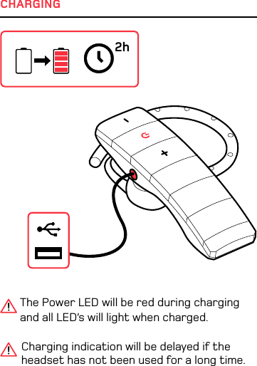 Charging indication will be delayed if the headset has not been used for a long time.The Power LED will be red during charging and all LED’s will light when charged.CHARGING2h