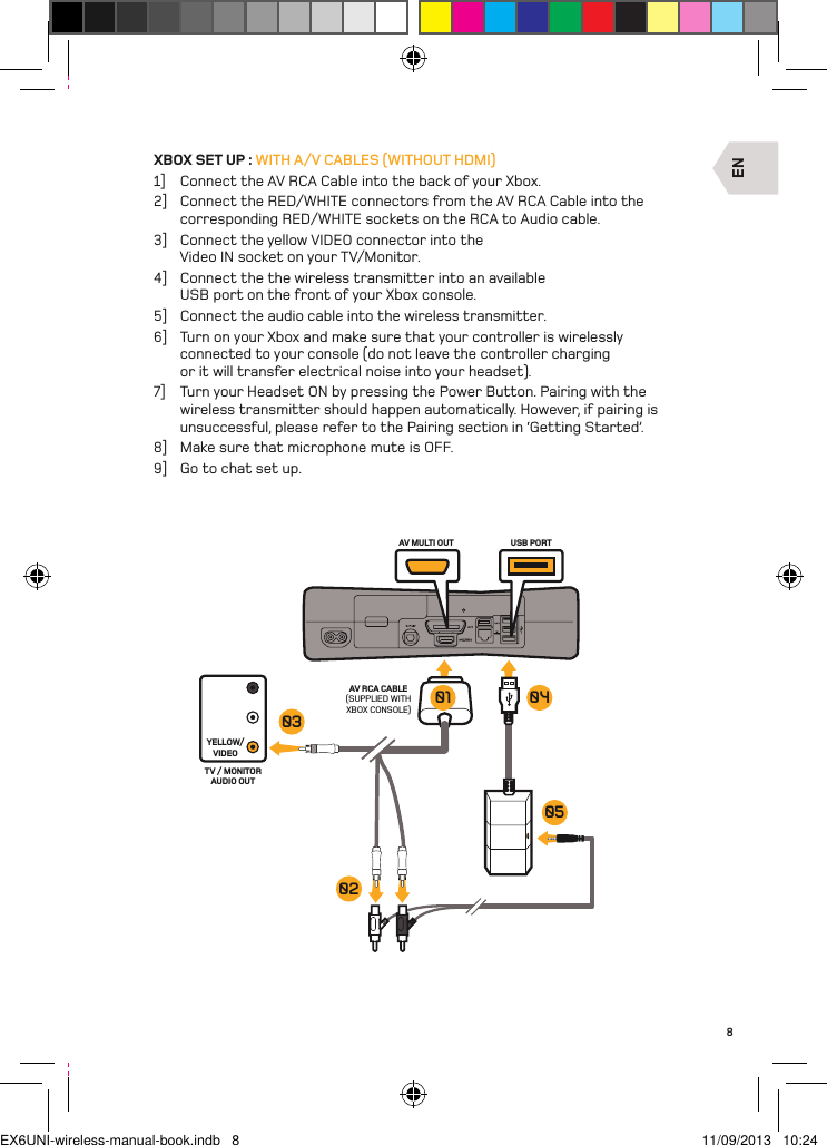 ENAV MULTI OUT USB PORTAV RCA CABLE(SUPPLIED WITH XBOX CONSOLE)YELLOW/VIDEOTV / MONITOR AUDIO OUT03020501 048XBOX SET UP : WITH A/V CABLES (WITHOUT HDMI)1]  Connect the AV RCA Cable into the back of your Xbox.2]  Connect the RED/WHITE connectors from the AV RCA Cable into the corresponding RED/WHITE sockets on the RCA to Audio cable.3]  Connect the yellow VIDEO connector into the Video IN socket on your TV/Monitor.4]  Connect the the wireless transmitter into an available USB port on the front of your Xbox console.5]  Connect the audio cable into the wireless transmitter.6]  Turn on your Xbox and make sure that your controller is wirelessly connected to your console (do not leave the controller charging or it will transfer electrical noise into your headset).7]  Turn your Headset ON by pressing the Power Button. Pairing with the wireless transmitter should happen automatically. However, if pairing is unsuccessful, please refer to the Pairing section in ‘Getting Started’.8]  Make sure that microphone mute is OFF.9]  Go to chat set up.EX6UNI-wireless-manual-book.indb   8 11/09/2013   10:24