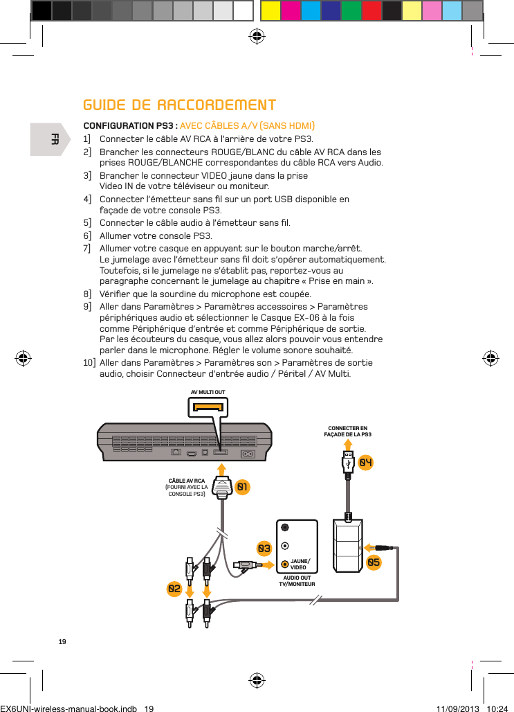 FRAV MULTI OUTCÂBLE AV RCA(FOURNI AVEC LA CONSOLE PS3)JAUNE/VIDEOCONNECTER EN FAÇADE DE LA PS3 AUDIO OUT TV/MONITEUR030201040519GUIDE DE RACCORDEMENTCONFIGURATION PS3 : AVEC CÂBLES A/V (SANS HDMI)1]  Connecter le câble AV RCA à l’arrière de votre PS3.2]  Brancher les connecteurs ROUGE/BLANC du câble AV RCA dans les prises ROUGE/BLANCHE correspondantes du câble RCA vers Audio.3]  Brancher le connecteur VIDEO jaune dans la prise Video IN de votre téléviseur ou moniteur.4]  Connecter l’émetteur sans ﬁl sur un port USB disponible en  façade de votre console PS3.5]  Connecter le câble audio à l’émetteur sans ﬁl.6]  Allumer votre console PS3.7]  Allumer votre casque en appuyant sur le bouton marche/arrêt.  Le jumelage avec l’émetteur sans ﬁl doit s’opérer automatiquement. Toutefois, si le jumelage ne s’établit pas, reportez-vous au paragraphe concernant le jumelage au chapitre « Prise en main ».8]  Vériﬁer que la sourdine du microphone est coupée.9]  Aller dans Paramètres &gt; Paramètres accessoires &gt; Paramètres périphériques audio et sélectionner le Casque EX-06 à la fois comme Périphérique d’entrée et comme Périphérique de sortie. Par les écouteurs du casque, vous allez alors pouvoir vous entendre parler dans le microphone. Régler le volume sonore souhaité.10]  Aller dans Paramètres &gt; Paramètres son &gt; Paramètres de sortie audio, choisir Connecteur d’entrée audio / Péritel / AV Multi.EX6UNI-wireless-manual-book.indb   19 11/09/2013   10:24