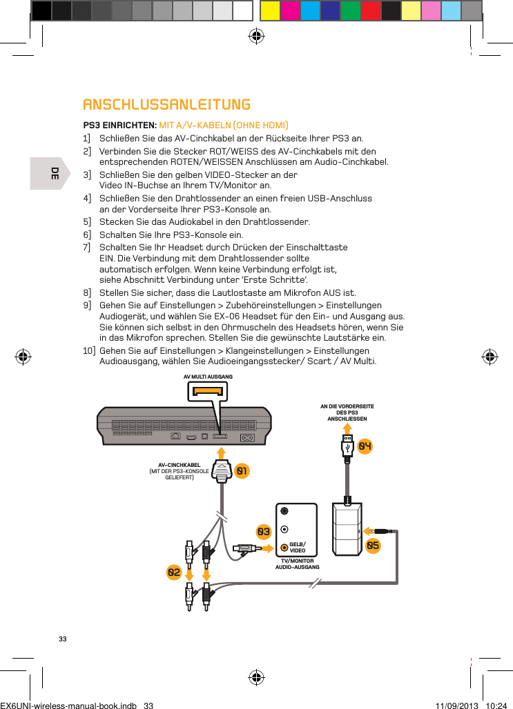 DEAV MULTI AUSGANGAV-CINCHKABEL(MIT DER PS3-KONSOLE GELIEFERT)GELB/VIDEOAN DIE VORDERSEITE DES PS3 ANSCHLIESSENTV/MONITOR AUDIO-AUSGANG030201040533ANSCHLUSSANLEITUNGPS3 EINRICHTEN: MIT A/V-KABELN (OHNE HDMI)1]  Schließen Sie das AV-Cinchkabel an der Rückseite Ihrer PS3 an.2]  Verbinden Sie die Stecker ROT/WEISS des AV-Cinchkabels mit den entsprechenden ROTEN/WEISSEN Anschlüssen am Audio-Cinchkabel.3]  Schließen Sie den gelben VIDEO-Stecker an der Video IN-Buchse an Ihrem TV/Monitor an.4]  Schließen Sie den Drahtlossender an einen freien USB-Anschluss  an der Vorderseite Ihrer PS3-Konsole an.5]  Stecken Sie das Audiokabel in den Drahtlossender.6]  Schalten Sie Ihre PS3-Konsole ein.7]  Schalten Sie Ihr Headset durch Drücken der Einschalttaste EIN. Die Verbindung mit dem Drahtlossender sollte automatisch erfolgen. Wenn keine Verbindung erfolgt ist, siehe Abschnitt Verbindung unter ‘Erste Schritte’.8]  Stellen Sie sicher, dass die Lautlostaste am Mikrofon AUS ist.9]  Gehen Sie auf Einstellungen &gt; Zubehöreinstellungen &gt; Einstellungen Audiogerät, und wählen Sie EX-06 Headset für den Ein- und Ausgang aus. Sie können sich selbst in den Ohrmuscheln des Headsets hören, wenn Sie in das Mikrofon sprechen. Stellen Sie die gewünschte Lautstärke ein.10]  Gehen Sie auf Einstellungen &gt; Klangeinstellungen &gt; Einstellungen Audioausgang, wählen Sie Audioeingangsstecker/ Scart / AV Multi.EX6UNI-wireless-manual-book.indb   33 11/09/2013   10:24