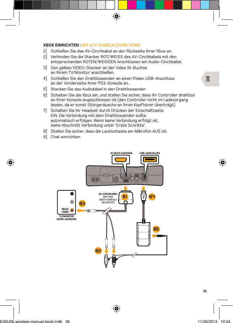 DEAV MULTI AUSGANG USB-ANSCHLUSSAV-CINCHKABEL(MIT DER XBOX-KONSOLE GELIEFERT)TV/MONITOR AUDIO-AUSGANGGELB/VIDEO03020501 0436XBOX EINRICHTEN : MIT A/V-KABELN (OHNE HDMI)1]  Schließen Sie das AV-Cinchkabel an der Rückseite Ihrer Xbox an.2]  Verbinden Sie die Stecker ROT/WEISS des AV-Cinchkabels mit den entsprechenden ROTEN/WEISSEN Anschlüssen am Audio-Cinchkabel.3]  Den gelben VIDEO-Stecker an der Video IN-Buchse  an Ihrem TV/Monitor anschließen.4]  Schließen Sie den Drahtlossender an einen freien USB-Anschluss  an der Vorderseite Ihrer PS3-Konsole an.5]  Stecken Sie das Audiokabel in den Drahtlossender.6]  Schalten Sie die Xbox ein, und stellen Sie sicher, dass Ihr Controller drahtlos an Ihrer Konsole angeschlossen ist (den Controller nicht im Ladevorgang lassen, da er sonst Störgeräusche an Ihren Kopfhörer überträgt).7]  Schalten Sie Ihr Headset durch Drücken der Einschalttaste EIN. Die Verbindung mit dem Drahtlossender sollte automatisch erfolgen. Wenn keine Verbindung erfolgt ist, siehe Abschnitt Verbindung unter ‘Erste Schritte’.8]  Stellen Sie sicher, dass die Lautlostaste am Mikrofon AUS ist.9]  Chat einrichten.EX6UNI-wireless-manual-book.indb   36 11/09/2013   10:24