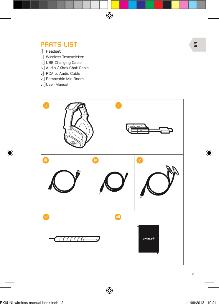 EN2PARTS LISTi]  Headsetii]  Wireless Transmitteriii] USB Charging Cableiv] Audio / Xbox Chat Cablev]   RCA to Audio Cablevi] Removable Mic Boomvii] User Manualiiiiii ivvivviiEX6UNI-wireless-manual-book.indb   2 11/09/2013   10:24