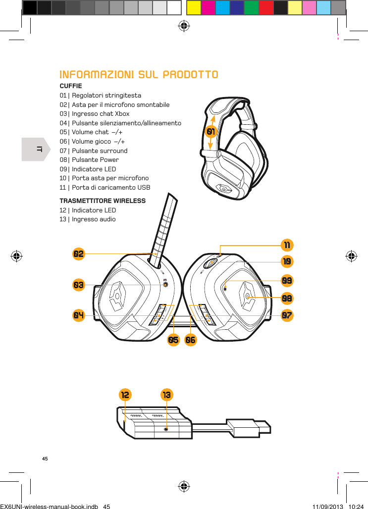 IT45INFORMAZIONI SUL PRODOTTO CUFFIE01 | Regolatori stringitesta02 | Asta per il microfono smontabile03 | Ingresso chat Xbox04 | Pulsante silenziamento/allineamento05 | Volume chat  –/+06 | Volume gioco  –/+ 07 | Pulsante surround08 | Pulsante Power09 | Indicatore LED10 | Porta asta per microfono11 | Porta di caricamento USBTRASMETTITORE WIRELESS12 | Indicatore LED13 | Ingresso audio131208090211031004 0705 0601EX6UNI-wireless-manual-book.indb   45 11/09/2013   10:24