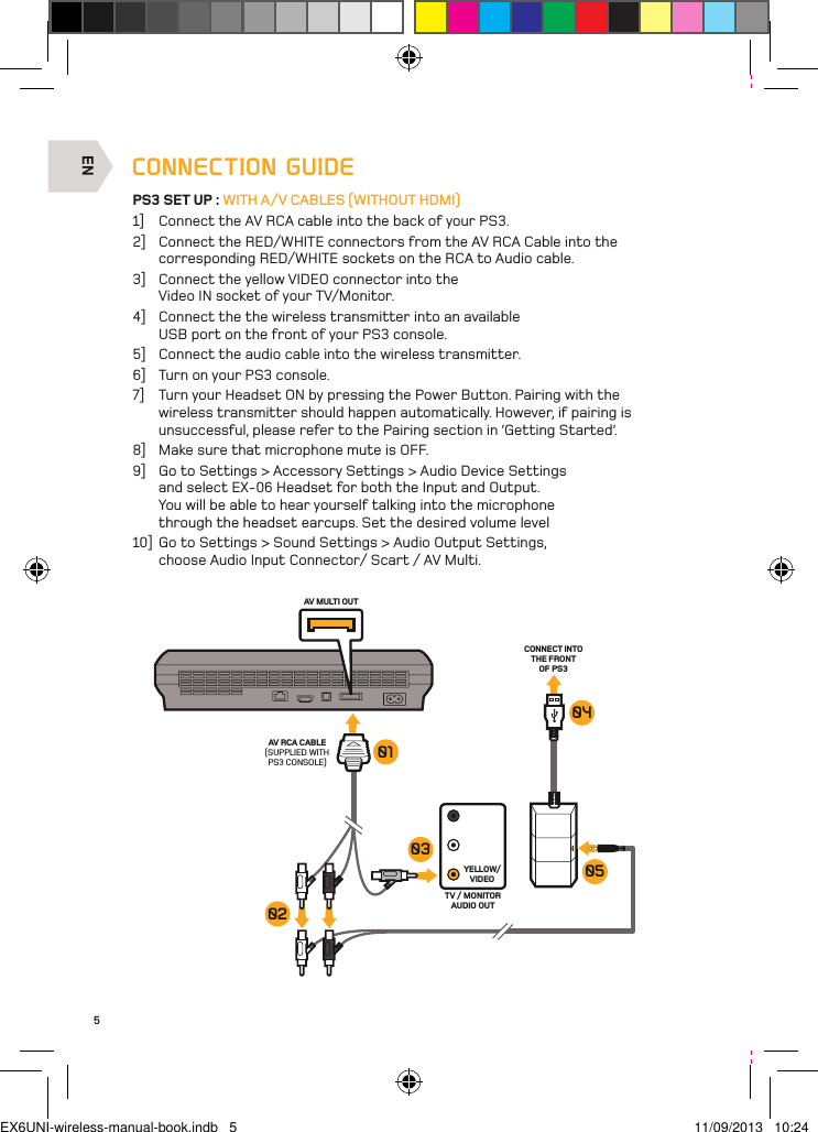 ENAV MULTI OUTAV RCA CABLE(SUPPLIED WITH PS3 CONSOLE)YELLOW/VIDEOCONNECT INTO THE FRONT OF PS3TV / MONITOR AUDIO OUT03020104055CONNECTION GUIDEPS3 SET UP : WITH A/V CABLES (WITHOUT HDMI)1]  Connect the AV RCA cable into the back of your PS3.2]  Connect the RED/WHITE connectors from the AV RCA Cable into the corresponding RED/WHITE sockets on the RCA to Audio cable.3]  Connect the yellow VIDEO connector into the Video IN socket of your TV/Monitor.4]  Connect the the wireless transmitter into an available USB port on the front of your PS3 console.5]  Connect the audio cable into the wireless transmitter.6]  Turn on your PS3 console.7]  Turn your Headset ON by pressing the Power Button. Pairing with the wireless transmitter should happen automatically. However, if pairing is unsuccessful, please refer to the Pairing section in ‘Getting Started’.8]  Make sure that microphone mute is OFF.9]  Go to Settings &gt; Accessory Settings &gt; Audio Device Settings and select EX-06 Headset for both the Input and Output. You will be able to hear yourself talking into the microphone through the headset earcups. Set the desired volume level10]  Go to Settings &gt; Sound Settings &gt; Audio Output Settings, choose Audio Input Connector/ Scart / AV Multi.EX6UNI-wireless-manual-book.indb   5 11/09/2013   10:24