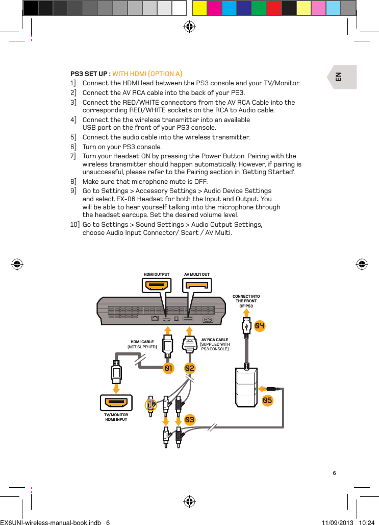 ENTV/MONITORHDMI INPUTHDMI OUTPUT AV MULTI OUTAV RCA CABLE(SUPPLIED WITH PS3 CONSOLE)HDMI CABLE(NOT SUPPLIED)CONNECT INTO THE FRONT OF PS305040302016PS3 SET UP : WITH HDMI (OPTION A)1]  Connect the HDMI lead between the PS3 console and your TV/Monitor.2]  Connect the AV RCA cable into the back of your PS3.3]  Connect the RED/WHITE connectors from the AV RCA Cable into the corresponding RED/WHITE sockets on the RCA to Audio cable.4]  Connect the the wireless transmitter into an available USB port on the front of your PS3 console.5]  Connect the audio cable into the wireless transmitter.6]  Turn on your PS3 console.7]  Turn your Headset ON by pressing the Power Button. Pairing with the wireless transmitter should happen automatically. However, if pairing is unsuccessful, please refer to the Pairing section in ‘Getting Started’.8]  Make sure that microphone mute is OFF.9]  Go to Settings &gt; Accessory Settings &gt; Audio Device Settings and select EX-06 Headset for both the Input and Output. You will be able to hear yourself talking into the microphone through the headset earcups. Set the desired volume level.10]  Go to Settings &gt; Sound Settings &gt; Audio Output Settings, choose Audio Input Connector/ Scart / AV Multi.EX6UNI-wireless-manual-book.indb   6 11/09/2013   10:24