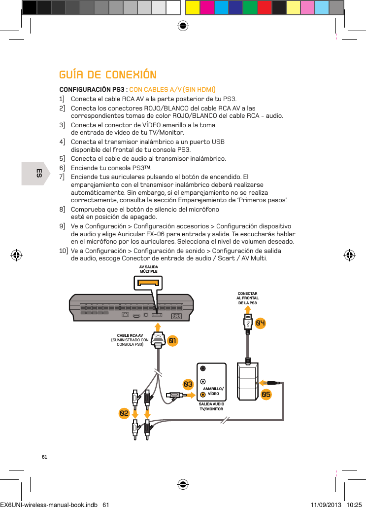 ESAV SALIDA MÚLTIPLECABLE RCA AV  (SUMINISTRADO CON CONSOLA PS3)AMARILLO/VÍDEOCONECTAR AL FRONTAL DE LA PS3 SALIDA AUDIO TV/MONITOR030201040561GUÍA DE CONEXIÓNCONFIGURACIÓN PS3 : CON CABLES A/V (SIN HDMI)1]  Conecta el cable RCA AV a la parte posterior de tu PS3.2]  Conecta los conectores ROJO/BLANCO del cable RCA AV a las correspondientes tomas de color ROJO/BLANCO del cable RCA - audio.3]  Conecta el conector de VÍDEO amarillo a la toma de entrada de vídeo de tu TV/Monitor.4]  Conecta el transmisor inalámbrico a un puerto USB disponible del frontal de tu consola PS3.5]  Conecta el cable de audio al transmisor inalámbrico.6]  Enciende tu consola PS3™.7]  Enciende tus auriculares pulsando el botón de encendido. El emparejamiento con el transmisor inalámbrico deberá realizarse automáticamente. Sin embargo, si el emparejamiento no se realiza correctamente, consulta la sección Emparejamiento de ‘Primeros pasos’.8]  Comprueba que el botón de silencio del micrófono esté en posición de apagado.9]  Ve a Conﬁguración &gt; Conﬁguración accesorios &gt; Conﬁguración dispositivo de audio y elige Auricular EX-06 para entrada y salida. Te escucharás hablar en el micrófono por los auriculares. Selecciona el nivel de volumen deseado.10]  Ve a Conﬁguración &gt; Conﬁguración de sonido &gt; Conﬁguración de salida de audio, escoge Conector de entrada de audio / Scart / AV Multi.EX6UNI-wireless-manual-book.indb   61 11/09/2013   10:25