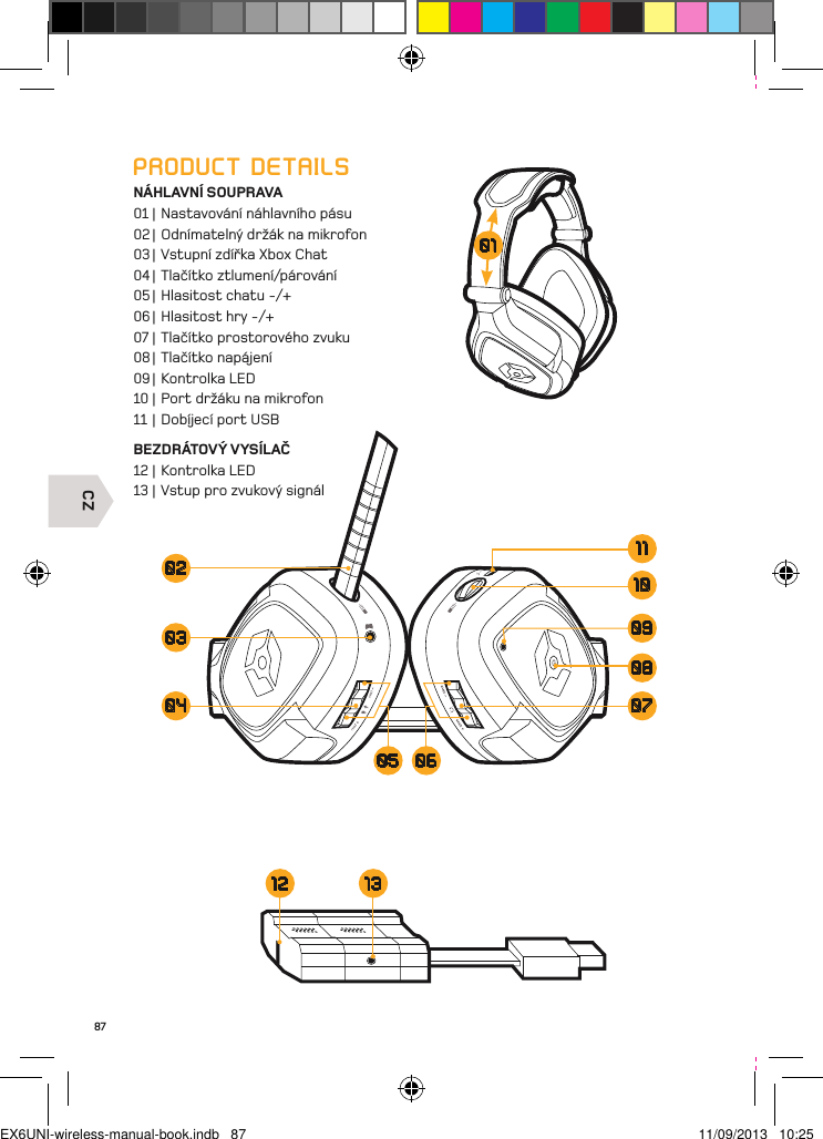 CZ87PRODUCT DETAILSNÁHLAVNÍ SOUPRAVA01 | Nastavování náhlavního pásu02 | Odnímatelný držák na mikrofon03 | Vstupní zdířka Xbox Chat04 | Tlačítko ztlumení/párování 05 | Hlasitost chatu -/+06 | Hlasitost hry -/+ 07 | Tlačítko prostorového zvuku08 | Tlačítko napájení09 | Kontrolka LED10 | Port držáku na mikrofon11 | Dobíjecí port USBBEZDRÁTOVÝ VYSÍLAČ12 | Kontrolka LED13 | Vstup pro zvukový signál131208090211031004 0705 0601EX6UNI-wireless-manual-book.indb   87 11/09/2013   10:25