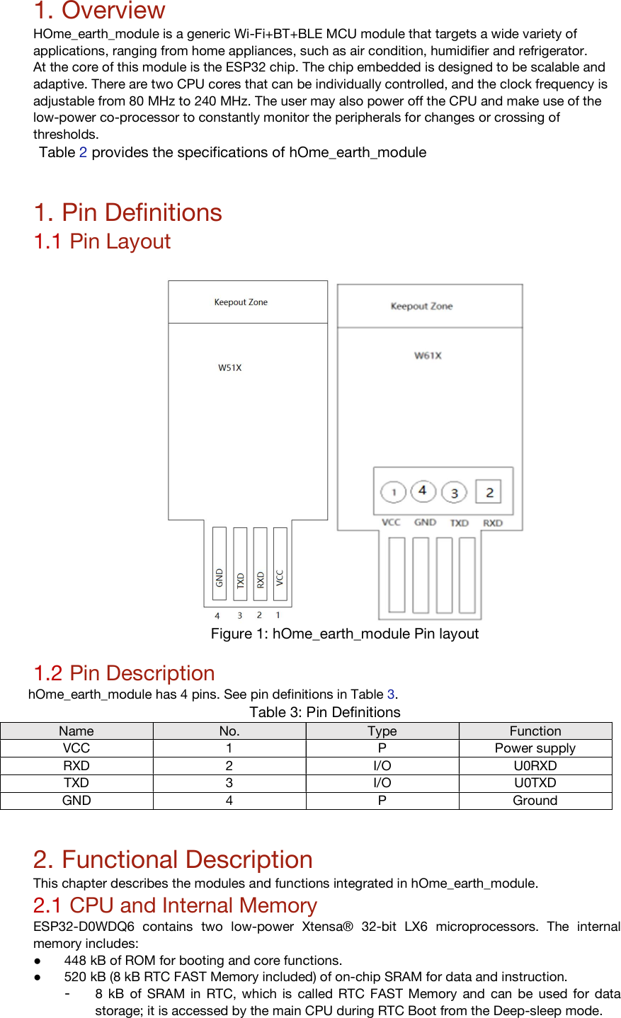 1. Overview HOme_earth_module is a generic Wi-Fi+BT+BLE MCU module that targets a wide variety of applications, ranging from home appliances, such as air condition, humidifier and refrigerator. At the core of this module is the ESP32 chip. The chip embedded is designed to be scalable and adaptive. There are two CPU cores that can be individually controlled, and the clock frequency is adjustable from 80 MHz to 240 MHz. The user may also power off the CPU and make use of the low-power co-processor to constantly monitor the peripherals for changes or crossing of thresholds.  Table 2 provides the specifications of hOme_earth_module   1. Pin Definitions 1.1 Pin Layout   Figure 1: hOme_earth_module Pin layout   1.2 Pin Description hOme_earth_module has 4 pins. See pin definitions in Table 3. Table 3: Pin Definitions Name No. Type Function VCC  1  P  Power supply RXD 2 I/O U0RXD TXD 3 I/O U0TXD GND  4  P  Ground   2. Functional Description This chapter describes the modules and functions integrated in hOme_earth_module. 2.1 CPU and Internal Memory ESP32-D0WDQ6  contains  two  low-power  Xtensa&reg;  32-bit  LX6  microprocessors.  The  internal memory includes: ● 448 kB of ROM for booting and core functions. ● 520 kB (8 kB RTC FAST Memory included) of on-chip SRAM for data and instruction. - 8  kB  of  SRAM in RTC, which  is  called RTC  FAST Memory  and  can  be  used  for data storage; it is accessed by the main CPU during RTC Boot from the Deep-sleep mode. 