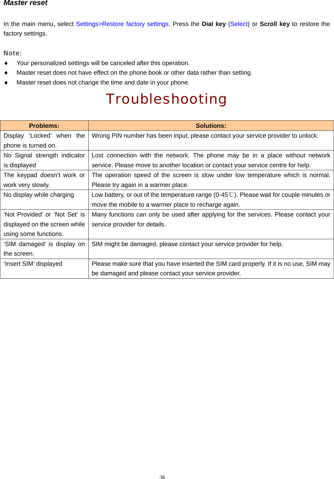 36  Master reset In the main menu, select Settings>Restore factory settings. Press the Dial key (Select) or Scroll key to restore the factory settings.  Note:  &diams; Your personalized settings will be canceled after this operation. &diams; Master reset does not have effect on the phone book or other data rather than setting. &diams; Master reset does not change the time and date in your phone. Troubleshooting Problems:  Solutions: Display &lsquo;Locked&rsquo; when the phone is turned on. Wrong PIN number has been input, please contact your service provider to unlock. No Signal strength indicator is displayed Lost connection with the network. The phone may be in a place without network service. Please move to another location or contact your service centre for help. The keypad doesn&rsquo;t work or work very slowly. The operation speed of the screen is slow under low temperature which is normal. Please try again in a warmer place. No display while charging  Low battery, or out of the temperature range (0-45 ). Please wait for couple minutes or ℃move the mobile to a warmer place to recharge again. &lsquo;Not Provided&rsquo; or &lsquo;Not Set' is displayed on the screen while using some functions. Many functions can only be used after applying for the services. Please contact your service provider for details. &lsquo;SIM damaged&rsquo; is display on the screen. SIM might be damaged, please contact your service provider for help. &lsquo;Insert SIM&rsquo; displayed  Please make sure that you have inserted the SIM card properly. If it is no use, SIM may be damaged and please contact your service provider.  