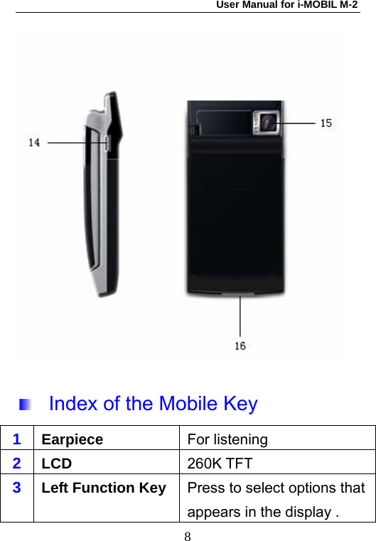User Manual for i-MOBIL M-2   8   Index of the Mobile Key 1  Earpiece  For listening 2  LCD  260K TFT   3  Left Function Key Press to select options that appears in the display . 