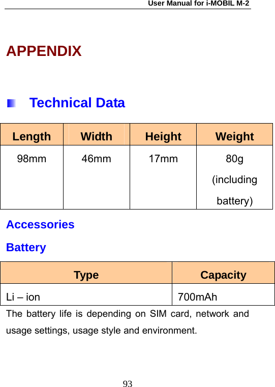 User Manual for i-MOBIL M-2   93APPENDIX   Technical Data Length  Width  Height  Weight 98mm 46mm  17mm  80g (including battery) Accessories Battery Type  Capacity Li &ndash; ion  700mAh   The battery life is depending on SIM card, network and usage settings, usage style and environment.  