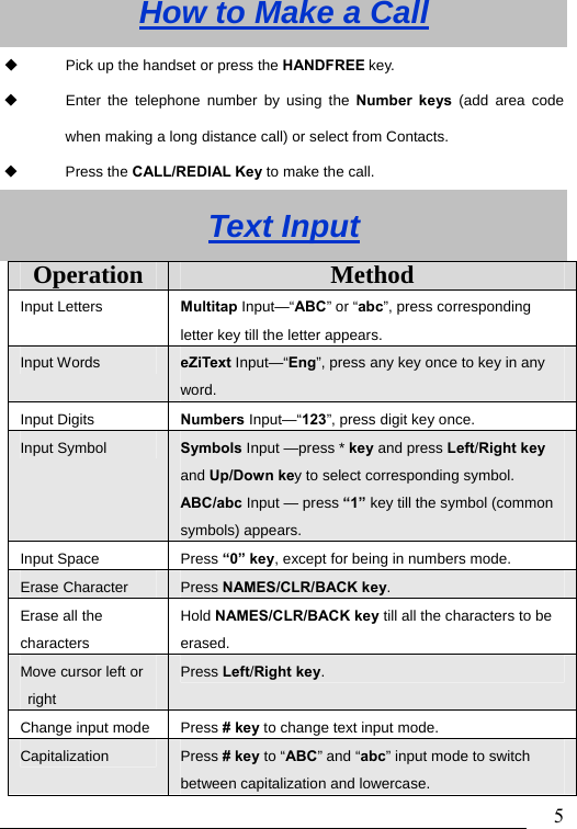                               5How to Make a Call   Pick up the handset or press the HANDFREE key.    Enter the telephone number by using the Number keys (add area code when making a long distance call) or select from Contacts.    Press the CALL/REDIAL Key to make the call.   Text Input Operation  Method Input Letters  Multitap Input&mdash;&ldquo;ABC&rdquo; or &ldquo;abc&rdquo;, press corresponding letter key till the letter appears. Input Words  eZiText Input&mdash;&ldquo;Eng&rdquo;, press any key once to key in any word. Input Digits  Numbers Input&mdash;&ldquo;123&rdquo;, press digit key once.   Input Symbol  Symbols Input &mdash;press * key and press Left/Right key and Up/Down key to select corresponding symbol.   ABC/abc Input &mdash; press &ldquo;1&rdquo; key till the symbol (common symbols) appears.   Input Space  Press &ldquo;0&rdquo; key, except for being in numbers mode. Erase Character  Press NAMES/CLR/BACK key. Erase all the characters Hold NAMES/CLR/BACK key till all the characters to be erased.  Move cursor left or right  Press Left/Right key.  Change input mode  Press # key to change text input mode. Capitalization  Press # key to &ldquo;ABC&rdquo; and &ldquo;abc&rdquo; input mode to switch between capitalization and lowercase. 