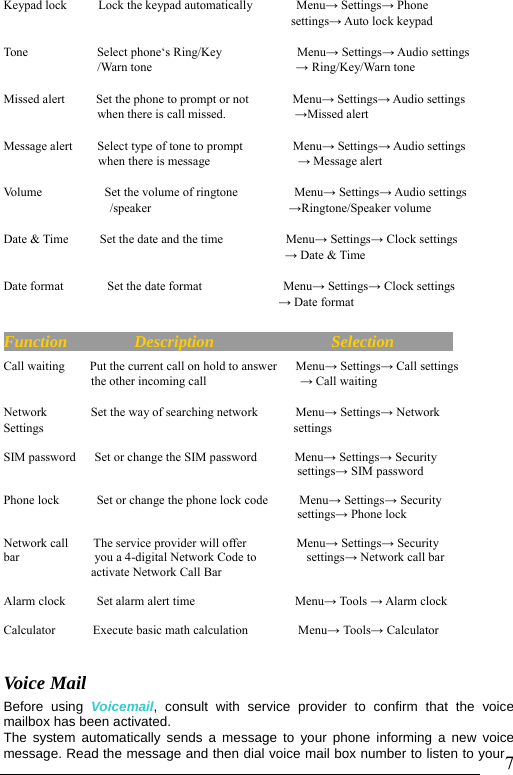                               7Keypad lock     Lock the keypad automatically       Menu&rarr; Settings&rarr; Phone                                               settings&rarr; Auto lock keypad  Tone           Select phone&lsquo;s Ring/Key            Menu&rarr; Settings&rarr; Audio settings                /Warn tone                       &rarr; Ring/Key/Warn tone  Missed alert     Set the phone to prompt or not       Menu&rarr; Settings&rarr; Audio settings  when there is call missed.           &rarr;Missed alert  Message alert    Select type of tone to prompt        Menu&rarr; Settings&rarr; Audio settings  when there is message              &rarr; Message alert    Volume          Set the volume of ringtone         Menu&rarr; Settings&rarr; Audio settings                  /speaker                      &rarr;Ringtone/Speaker volume  Date &amp; Time     Set the date and the time          Menu&rarr; Settings&rarr; Clock settings                                              &rarr; Date &amp; Time  Date format       Set the date format             Menu&rarr; Settings&rarr; Clock settings                                             &rarr; Date format  Function        Description              Selection        Call waiting        Put the current call on hold to answer      Menu&rarr; Settings&rarr; Call settings               the other incoming call               &rarr; Call waiting  Network       Set the way of searching network      Menu&rarr; Settings&rarr; Network Settings                                        settings  SIM password   Set or change the SIM password      Menu&rarr; Settings&rarr; Security                                                settings&rarr; SIM password  Phone lock      Set or change the phone lock code     Menu&rarr; Settings&rarr; Security                                                settings&rarr; Phone lock  Network call    The service provider will offer        Menu&rarr; Settings&rarr; Security   bar            you a 4-digital Network Code to        settings&rarr; Network call bar activate Network Call Bar  Alarm clock     Set alarm alert time                Menu&rarr; Tools &rarr; Alarm clock                                            Calculator      Execute basic math calculation        Menu&rarr; Tools&rarr; Calculator   Voice Mail   Before using Voicemail, consult with service provider to confirm that the voice mailbox has been activated.   The system automatically sends a message to your phone informing a new voice message. Read the message and then dial voice mail box number to listen to your 