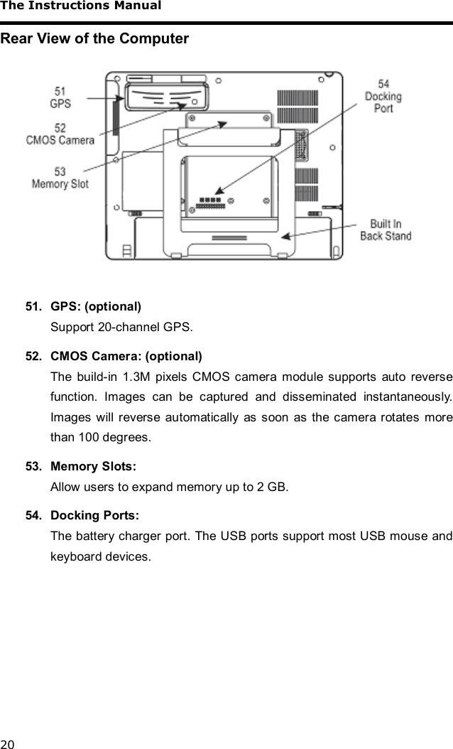 The Instructions Manual 20 Rear View of the Computer    51. GPS: (optional) Support 20-channel GPS. 52. CMOS Camera: (optional) The build-in 1.3M pixels CMOS camera module supports auto reverse function. Images can be captured and disseminated instantaneously. Images will reverse automatically as soon as the camera rotates more than 100 degrees.  53. Memory Slots: Allow users to expand memory up to 2 GB. 54. Docking Ports:  The battery charger port. The USB ports support most USB mouse and keyboard devices.   