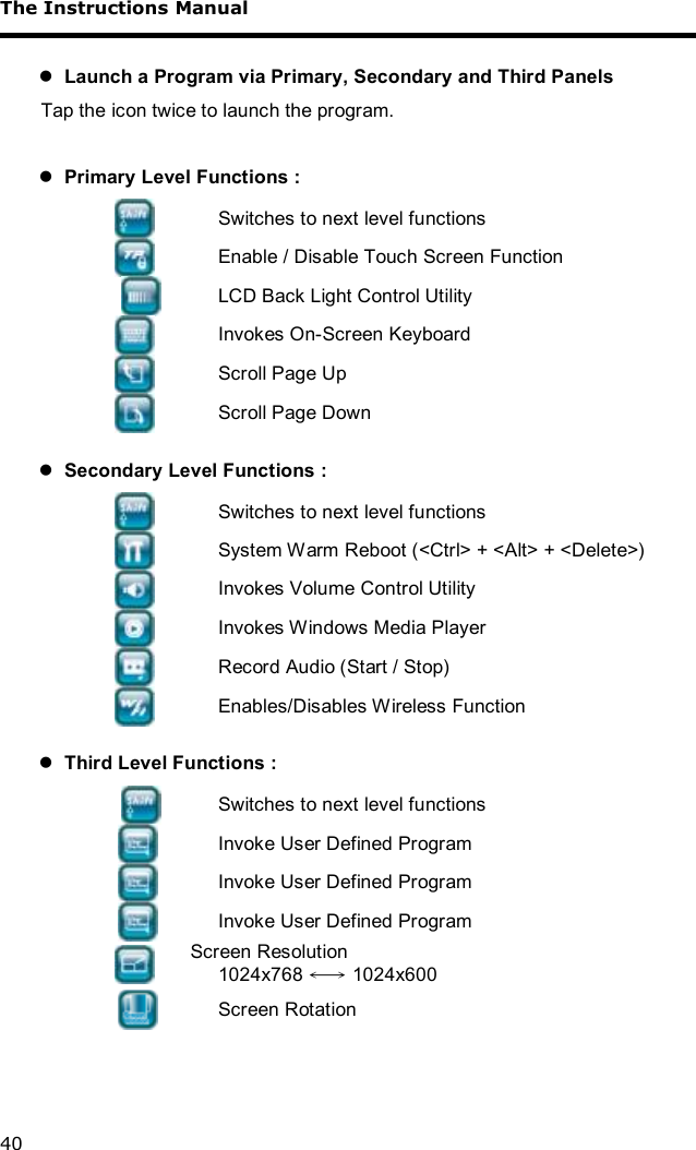 The Instructions Manual 40  l Launch a Program via Primary, Secondary and Third Panels Tap the icon twice to launch the program.  l Primary Level Functions :  Switches to next level functions  Enable / Disable Touch Screen Function  LCD Back Light Control Utility  Invokes On-Screen Keyboard  Scroll Page Up  Scroll Page Down  l Secondary Level Functions :  Switches to next level functions  System Warm Reboot (&lt;Ctrl&gt; + &lt;Alt&gt; + &lt;Delete&gt;)  Invokes Volume Control Utility  Invokes Windows Media Player  Record Audio (Start / Stop)  Enables/Disables Wireless Function  l Third Level Functions :  Switches to next level functions  Invoke User Defined Program  Invoke User Defined Program  Invoke User Defined Program  Screen Resolution 1024x768 ←→ 1024x600  Screen Rotation  