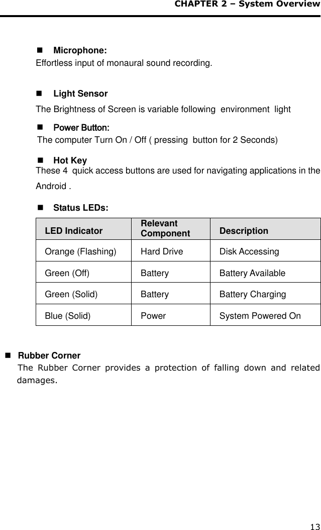 CHAPTER 2 – System Overview 13     Microphone: Effortless input of monaural sound recording.    Light Sensor The Brightness of Screen is variable following  environment  light  Power Button:                 The computer Turn On / Off ( pressing  button for 2 Seconds)   Hot Key These 4  quick access buttons are used for navigating applications in the Android .   Status LEDs:  LED Indicator Relevant Component  Description Orange (Flashing) Hard Drive Disk Accessing Green (Off) Battery Battery Available Green (Solid) Battery Battery Charging Blue (Solid) Power System Powered On    Rubber Corner       The  Rubber  Corner  provides  a  protection  of  falling  down  and  related damages.       