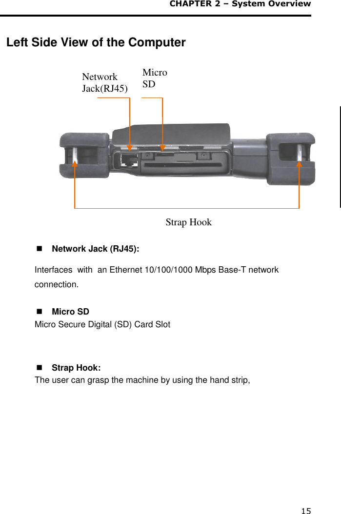 CHAPTER 2 – System Overview 15  Left Side View of the Computer            Network Jack (RJ45): Interfaces  with  an Ethernet 10/100/1000 Mbps Base-T network connection.    Micro SD Micro Secure Digital (SD) Card Slot     Strap Hook: The user can grasp the machine by using the hand strip,       Network Jack(RJ45)  Strap Hook Micro SD 