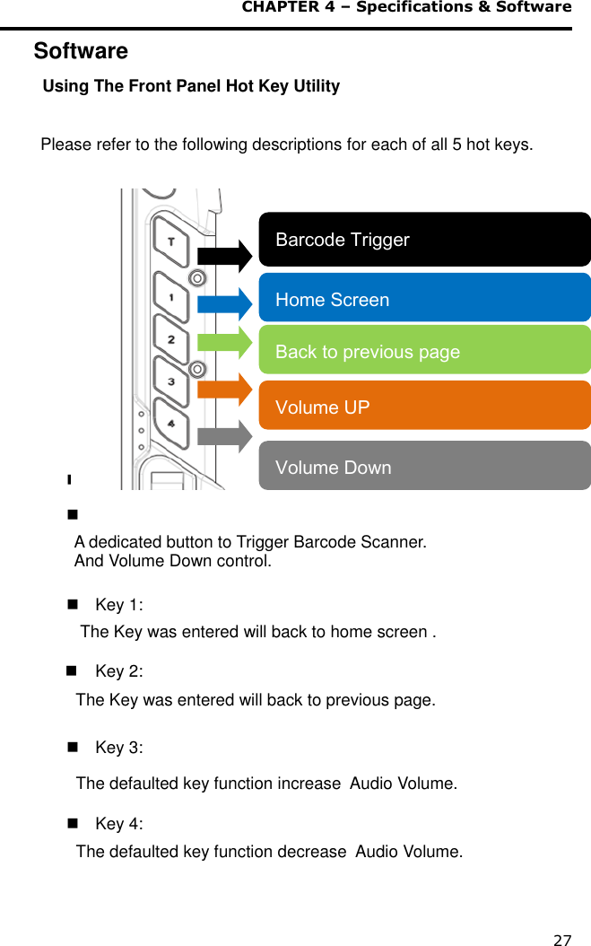  CHAPTER 4 – Specifications &amp; Software 27 Software  Using The Front Panel Hot Key Utility  Please refer to the following descriptions for each of all 5 hot keys.                                                                                                                                                            Key T :   A dedicated button to Trigger Barcode Scanner. And Volume Down control.     Key 1:  The Key was entered will back to home screen .   Key 2: The Key was entered will back to previous page.    Key 3: The defaulted key function increase  Audio Volume.   Key 4: The defaulted key function decrease  Audio Volume.   Barcode Trigger  Home Screen Back to previous page Volume UP Volume Down 