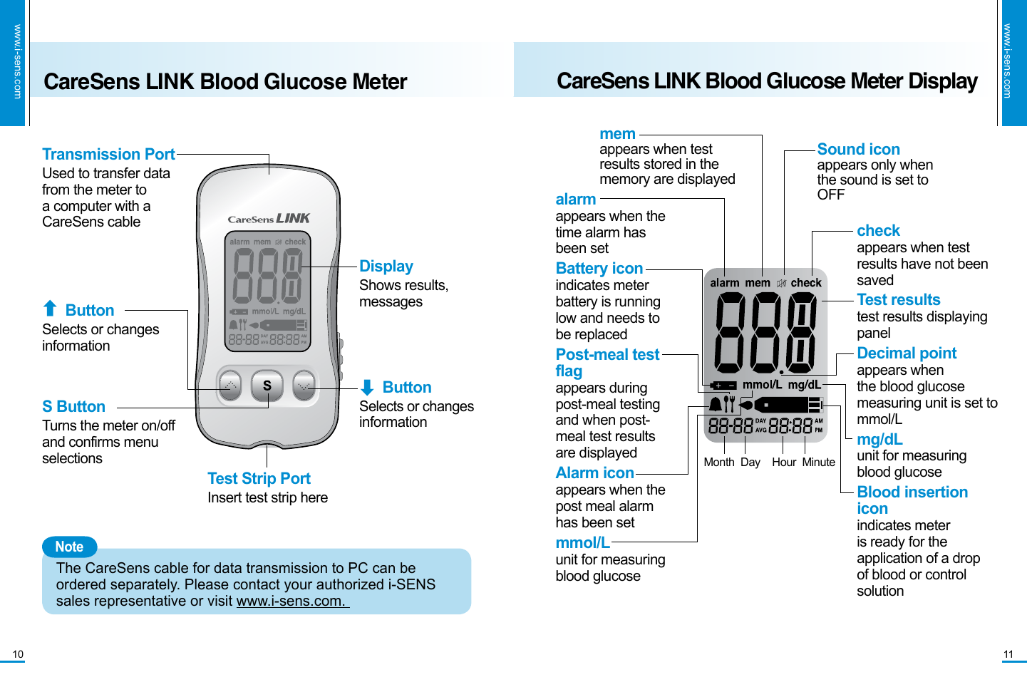 www.i-sens.com11CareSens LINK Blood Glucose Meter Displaymemappears when test results stored in the memory are displayedMonth  Day    Hour  Minutealarmappears when the time alarm has been set Battery iconindicates meter battery is running low and needs to be replacedPost-meal test flagappears during post-meal testing and when post-meal test results are displayedAlarm iconappears when the post meal alarm has been set mmol/Lunit for measuring blood glucose checkappears when test results have not been saved Test resultstest results displaying panelDecimal pointappears when the blood glucose measuring unit is set to mmol/Lmg/dLunit for measuring blood glucose  Blood insertion iconindicates meter is ready for the application of a drop of blood or control solution Sound iconappears only when the sound is set to OFFwww.i-sens.com10CareSens LINK Blood Glucose MeterTransmission PortUsed to transfer data from the meter to a computer with a CareSens cableDisplayShows results, messagesTest Strip PortInsert test strip here󰦛 ButtonSelects or changes information 󰦜 ButtonSelects or changes information S ButtonTurns the meter on/off and confirms menu selectionsThe CareSens cable for data transmission to PC can be ordered separately. Please contact your authorized i-SENS sales representative or visit www.i-sens.com. Note