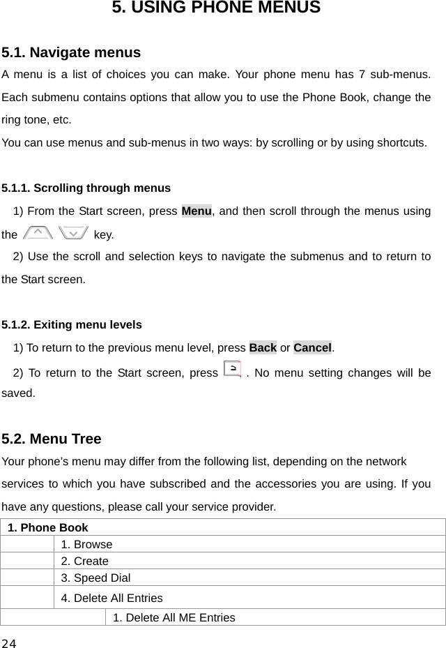  24 5. USING PHONE MENUS  5.1. Navigate menus A menu is a list of choices you can make. Your phone menu has 7 sub-menus. Each submenu contains options that allow you to use the Phone Book, change the ring tone, etc. You can use menus and sub-menus in two ways: by scrolling or by using shortcuts.  5.1.1. Scrolling through menus 1) From the Start screen, press Menu, and then scroll through the menus using the      key. 2) Use the scroll and selection keys to navigate the submenus and to return to the Start screen.  5.1.2. Exiting menu levels 1) To return to the previous menu level, press Back or Cancel. 2) To return to the Start screen, press   . No menu setting changes will be saved.  5.2. Menu Tree Your phone’s menu may differ from the following list, depending on the network services to which you have subscribed and the accessories you are using. If you have any questions, please call your service provider. 1. Phone Book   1. Browse   2. Create   3. Speed Dial   4. Delete All Entries    1. Delete All ME Entries 