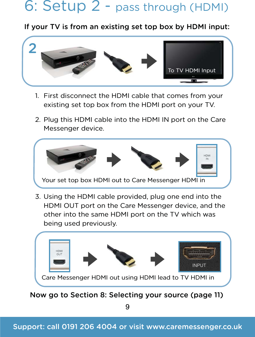 9Support: call 0191 206 4004 or visit www.caremessenger.co.uk6: Setup 2 - pass through (HDMI)21. First disconnect the HDMI cable that comes from your existing set top box from the HDMI port on your TV. 2. Plug this HDMI cable into the HDMI IN port on the Care Messenger device.      3. Using the HDMI cable provided, plug one end into the HDMI OUT port on the Care Messenger device, and the other into the same HDMI port on the TV which was being used previously.Care Messenger HDMI out using HDMI lead to TV HDMI inYour set top box HDMI out to Care Messenger HDMI inIf your TV is from an existing set top box by HDMI input:To TV HDMI InputNow go to Section 8: Selecting your source (page 11)