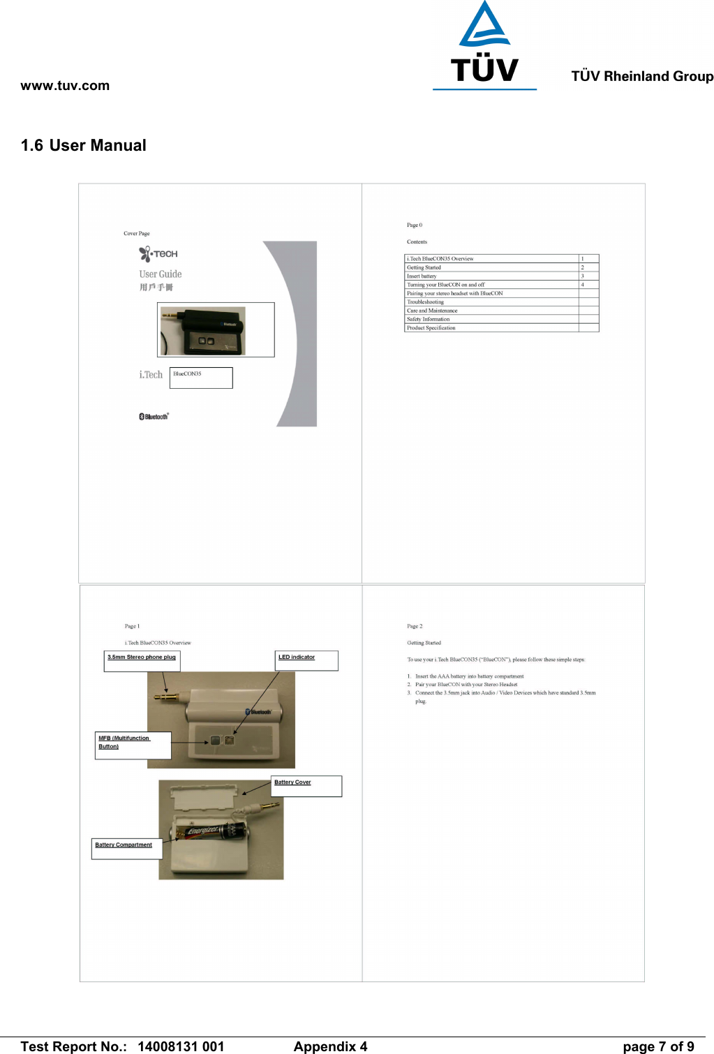 www.tuv.com   Test Report No.:  14008131 001  Appendix 4  page 7 of 9 1.6 User Manual 