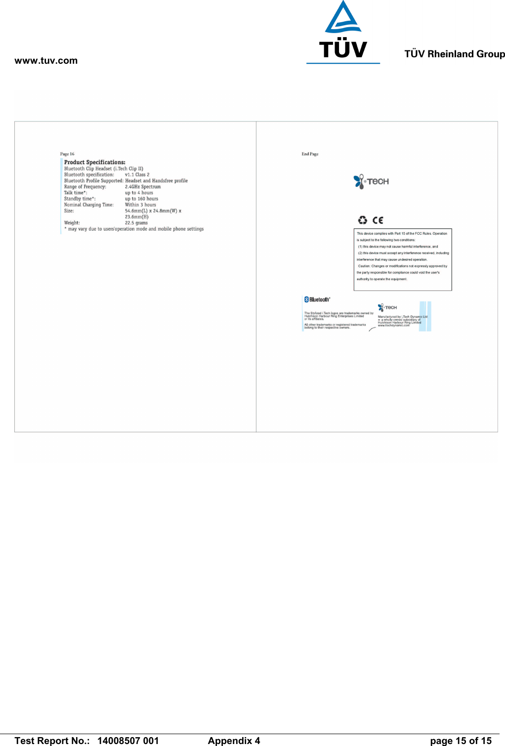 www.tuv.com   Test Report No.:  14008507 001  Appendix 4  page 15 of 15  