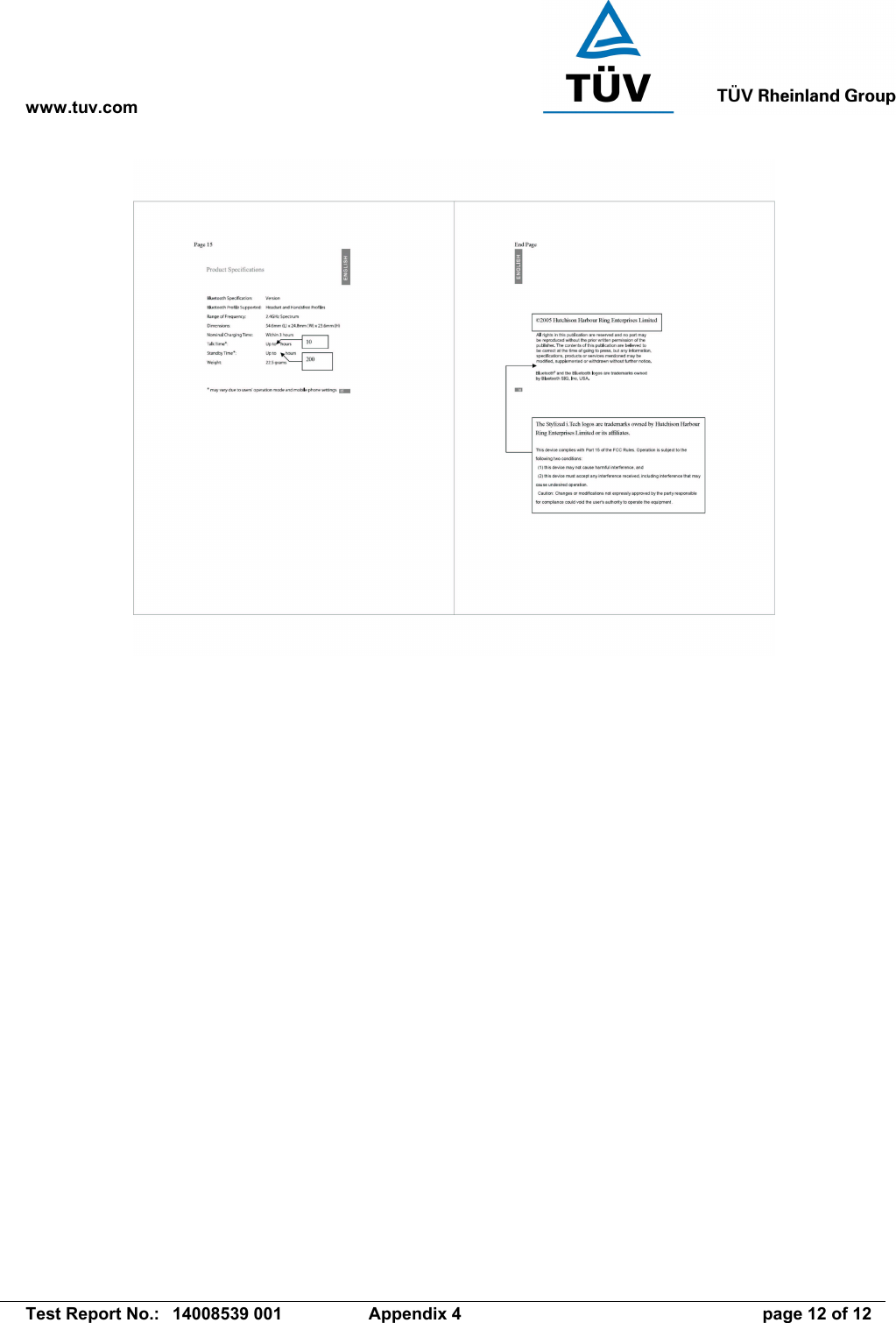 www.tuv.com   Test Report No.:  14008539 001  Appendix 4  page 12 of 12  