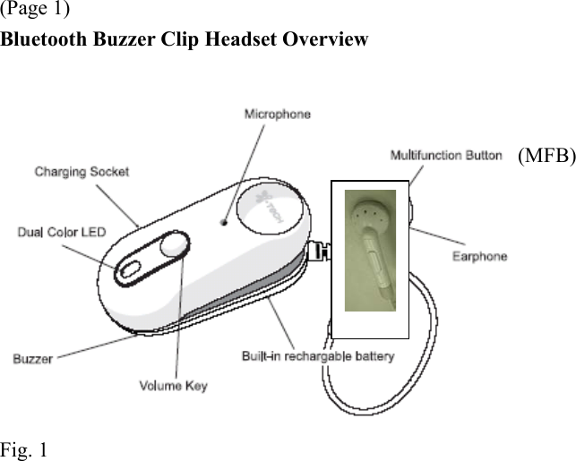 (Page 1) Bluetooth Buzzer Clip Headset Overview   Fig. 1  (MFB) 