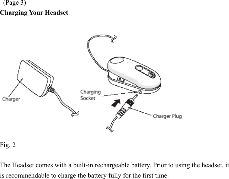  (Page 3) Charging Your Headset   Fig. 2  The Headset comes with a built-in rechargeable battery. Prior to using the headset, it is recommendable to charge the battery fully for the first time. 