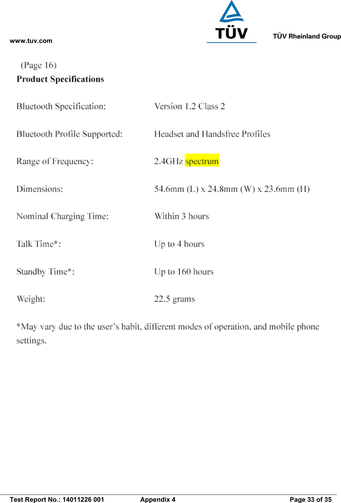 www.tuv.com   Test Report No.: 14011226 001  Appendix 4  Page 33 of 35 