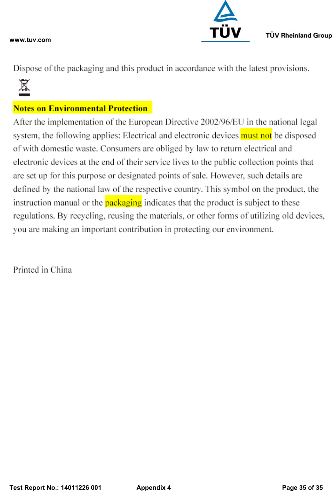 www.tuv.com   Test Report No.: 14011226 001  Appendix 4  Page 35 of 35   