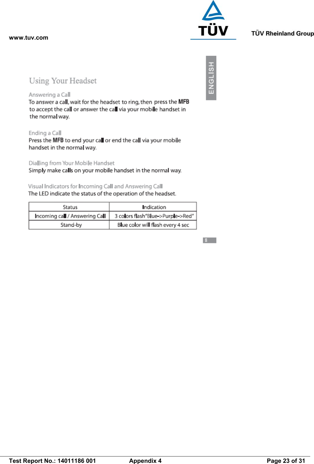 www.tuv.com   Test Report No.: 14011186 001  Appendix 4  Page 23 of 31  