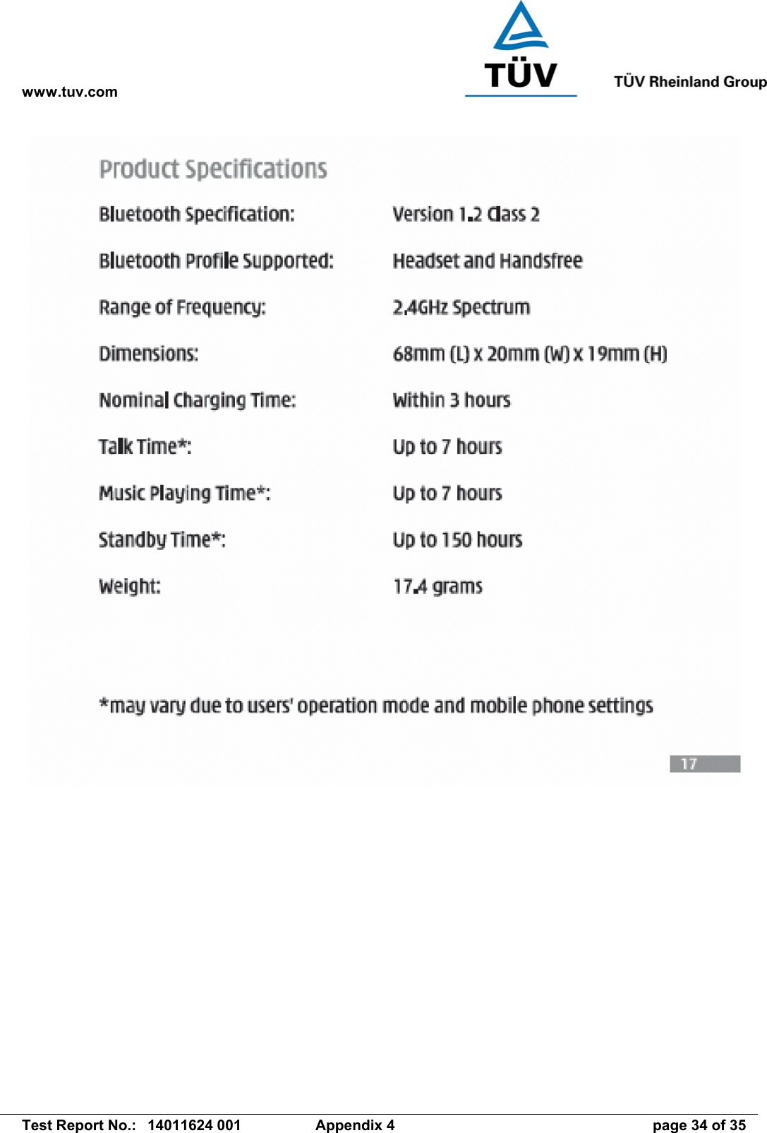 www.tuv.com   Test Report No.:  14011624 001  Appendix 4  page 34 of 35  