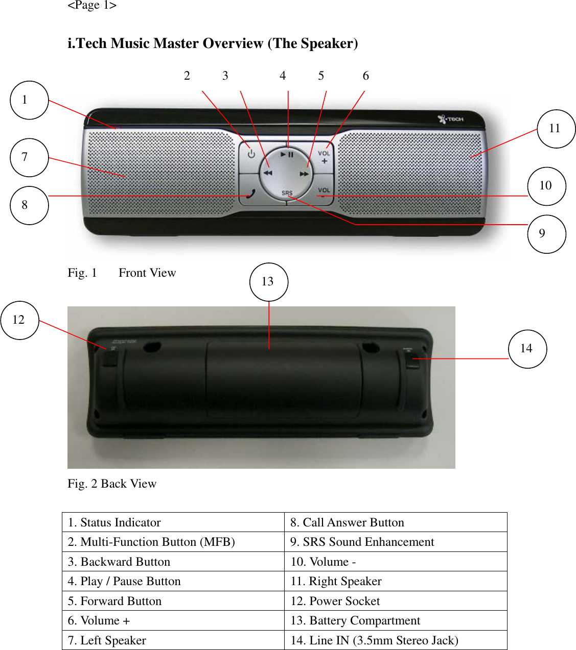 &lt;Page 1&gt;  i.Tech Music Master Overview (The Speaker)          Fig. 1  Front View   Fig. 2 Back View  1. Status Indicator  8. Call Answer Button 2. Multi-Function Button (MFB)  9. SRS Sound Enhancement 3. Backward Button  10. Volume - 4. Play / Pause Button  11. Right Speaker 5. Forward Button  12. Power Socket 6. Volume +  13. Battery Compartment 7. Left Speaker  14. Line IN (3.5mm Stereo Jack) 1 7 11 8   2     3        4     5      6 9 10 12 13 14 