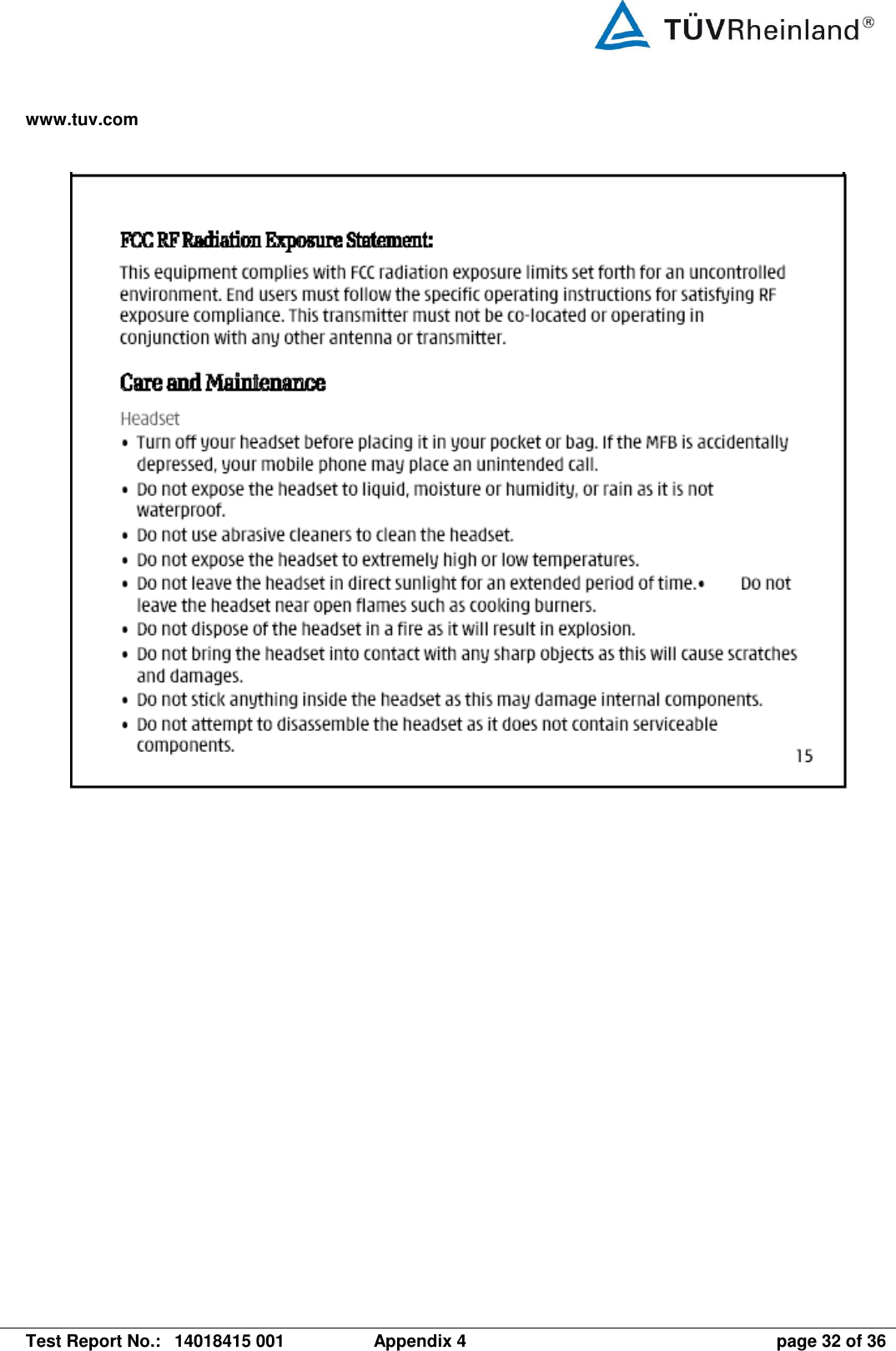 www.tuv.com   Test Report No.:  14018415 001  Appendix 4  page 32 of 36    