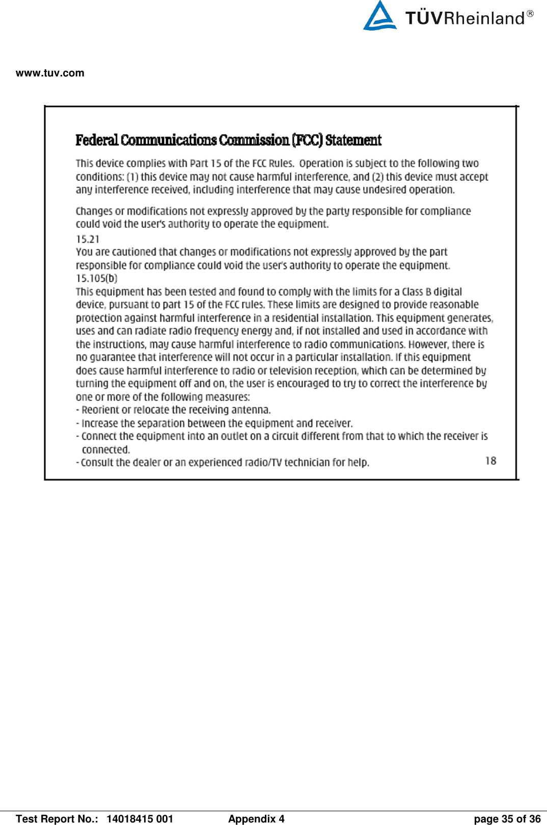 www.tuv.com   Test Report No.:  14018415 001  Appendix 4  page 35 of 36    