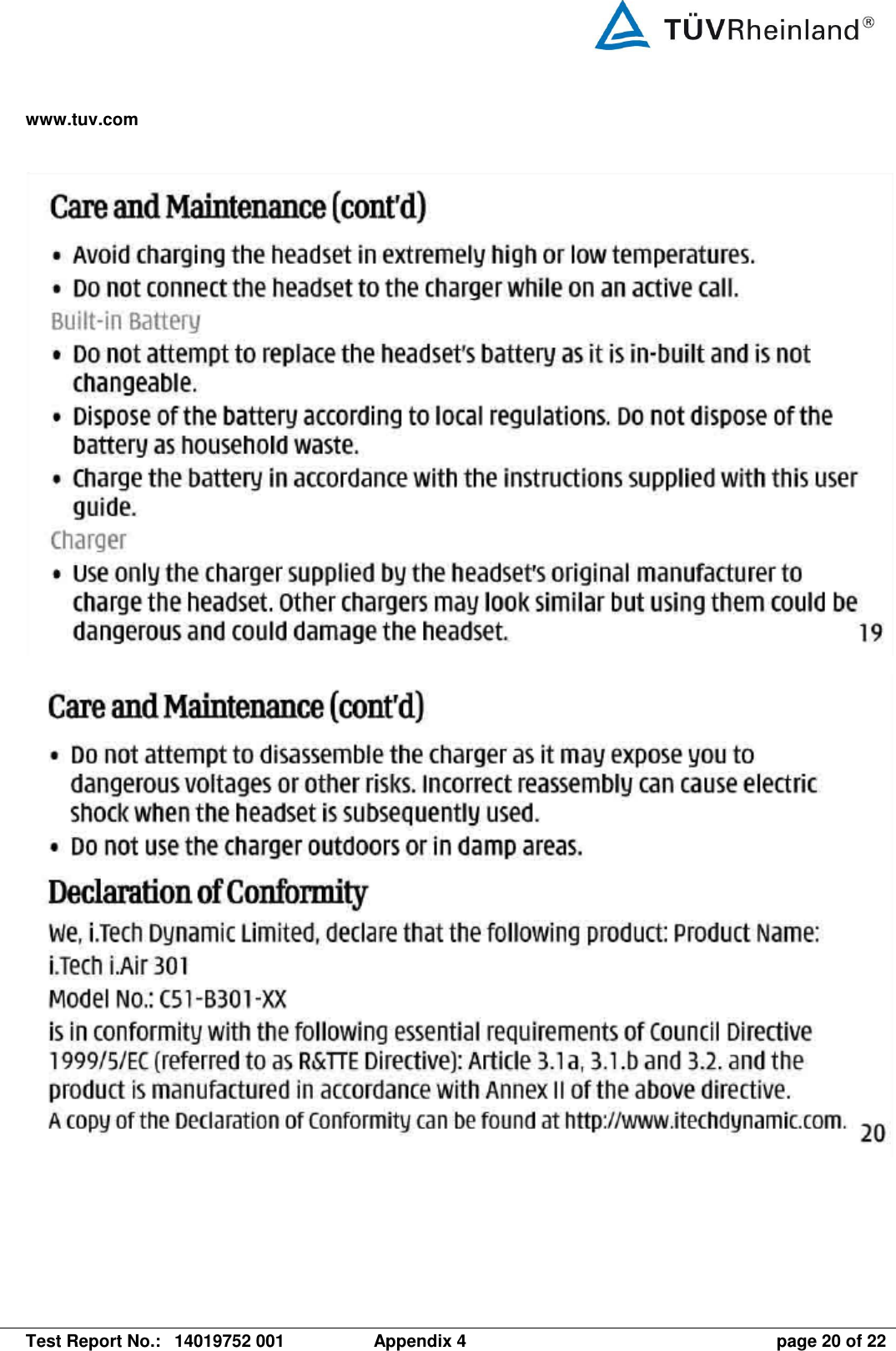 www.tuv.com   Test Report No.:  14019752 001  Appendix 4  page 20 of 22     