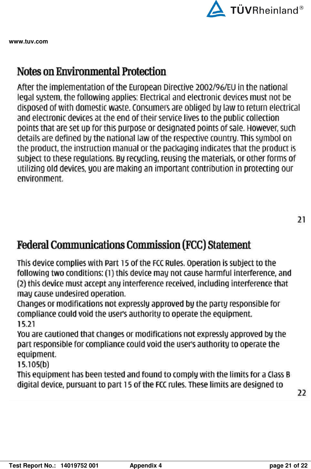 www.tuv.com   Test Report No.:  14019752 001  Appendix 4  page 21 of 22     