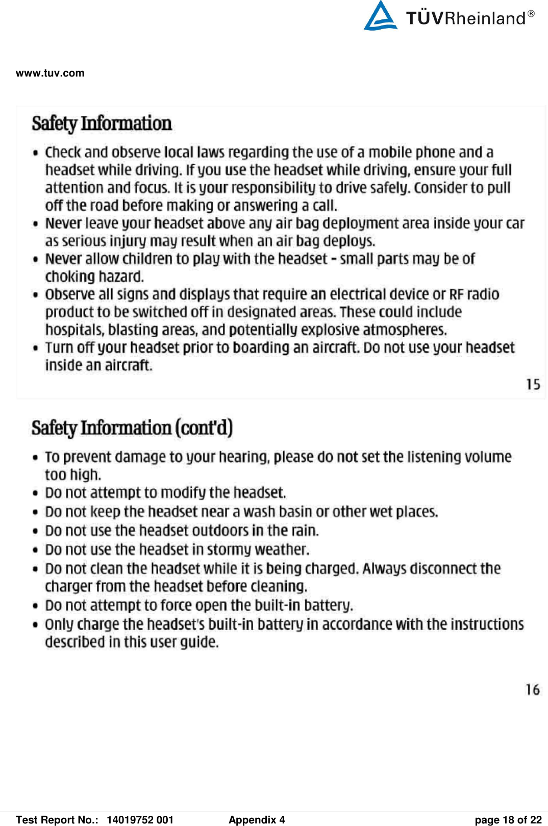 www.tuv.com   Test Report No.:  14019752 001  Appendix 4  page 18 of 22     