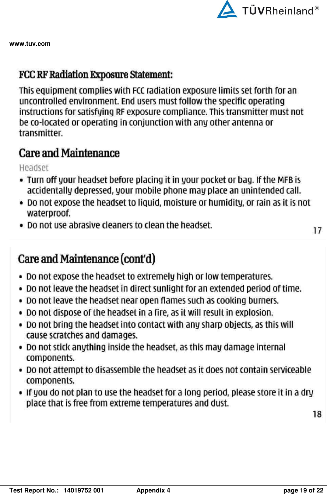 www.tuv.com   Test Report No.:  14019752 001  Appendix 4  page 19 of 22     