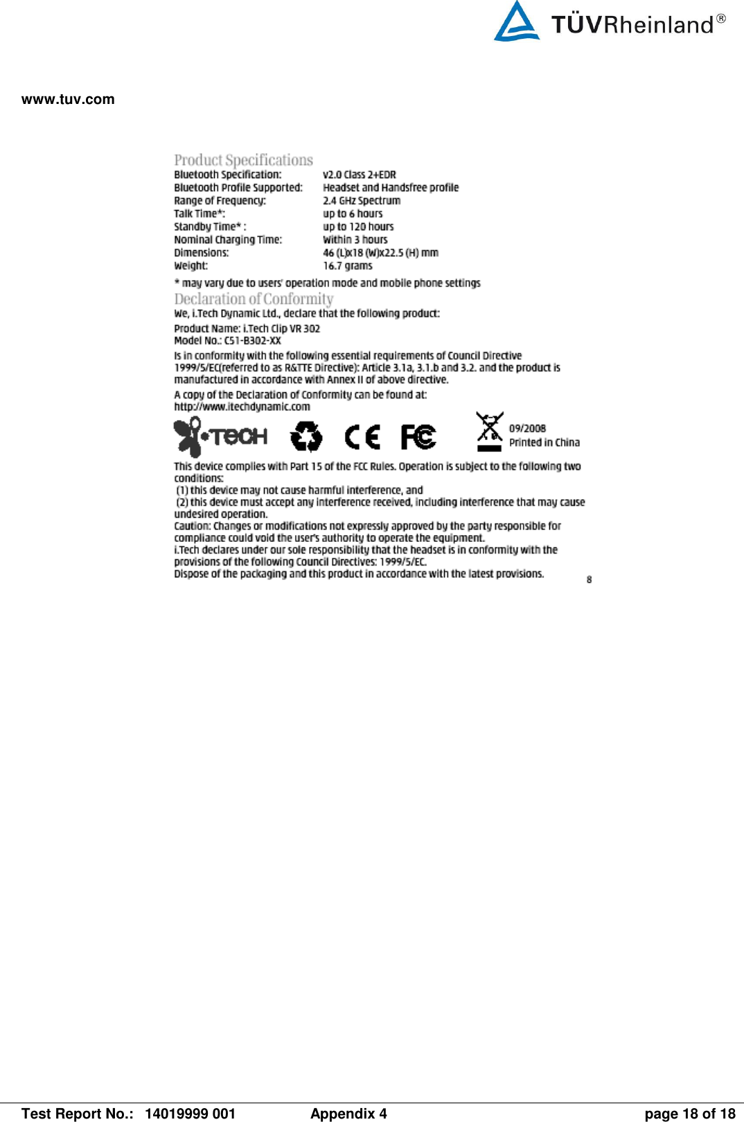 www.tuv.com   Test Report No.:  14019999 001  Appendix 4  page 18 of 18    