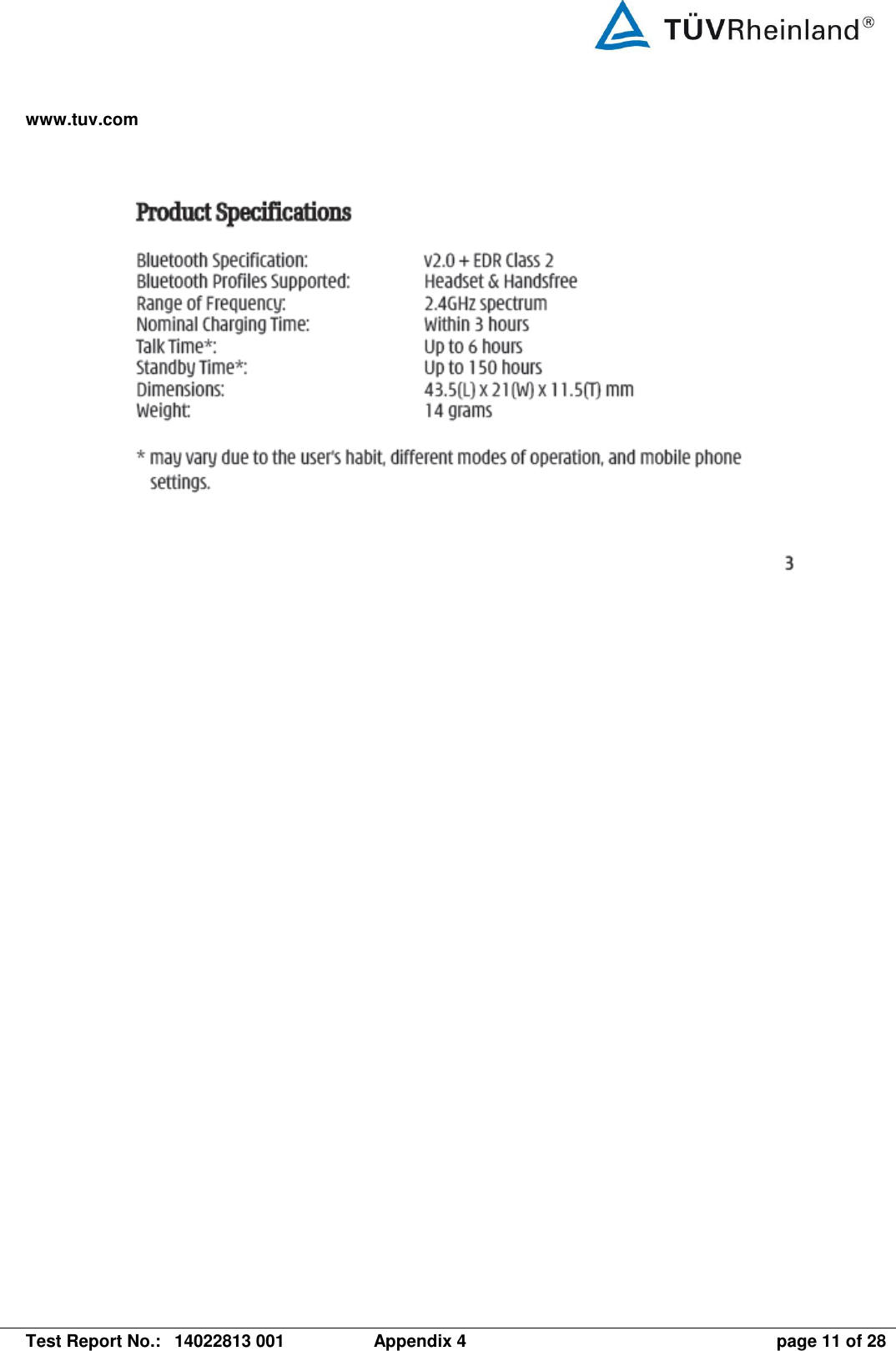 www.tuv.com   Test Report No.:  14022813 001  Appendix 4  page 11 of 28  