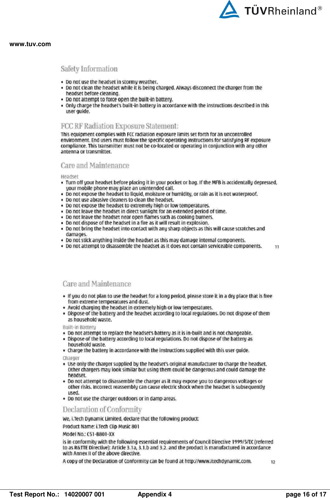 www.tuv.com   Test Report No.:  14020007 001  Appendix 4  page 16 of 17    